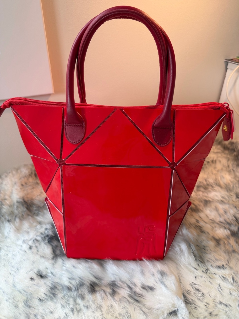 Glossy Red Geometric Patent Tote Bag